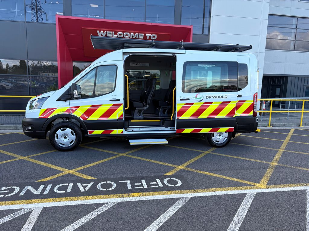 PHVC electric minibus at Southampton docks with DP World