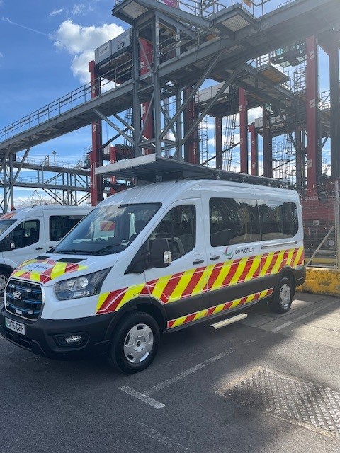PHVC electric minibus at Southampton docks with DP World