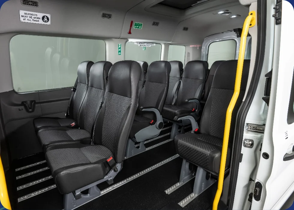 EV16 electric minibus passenger saloon with hard-back seating