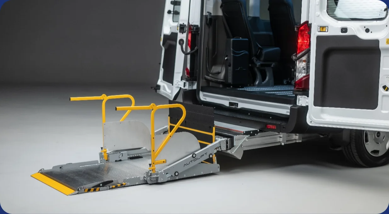 Electric minibus with rear wheelchair lift for care organisations